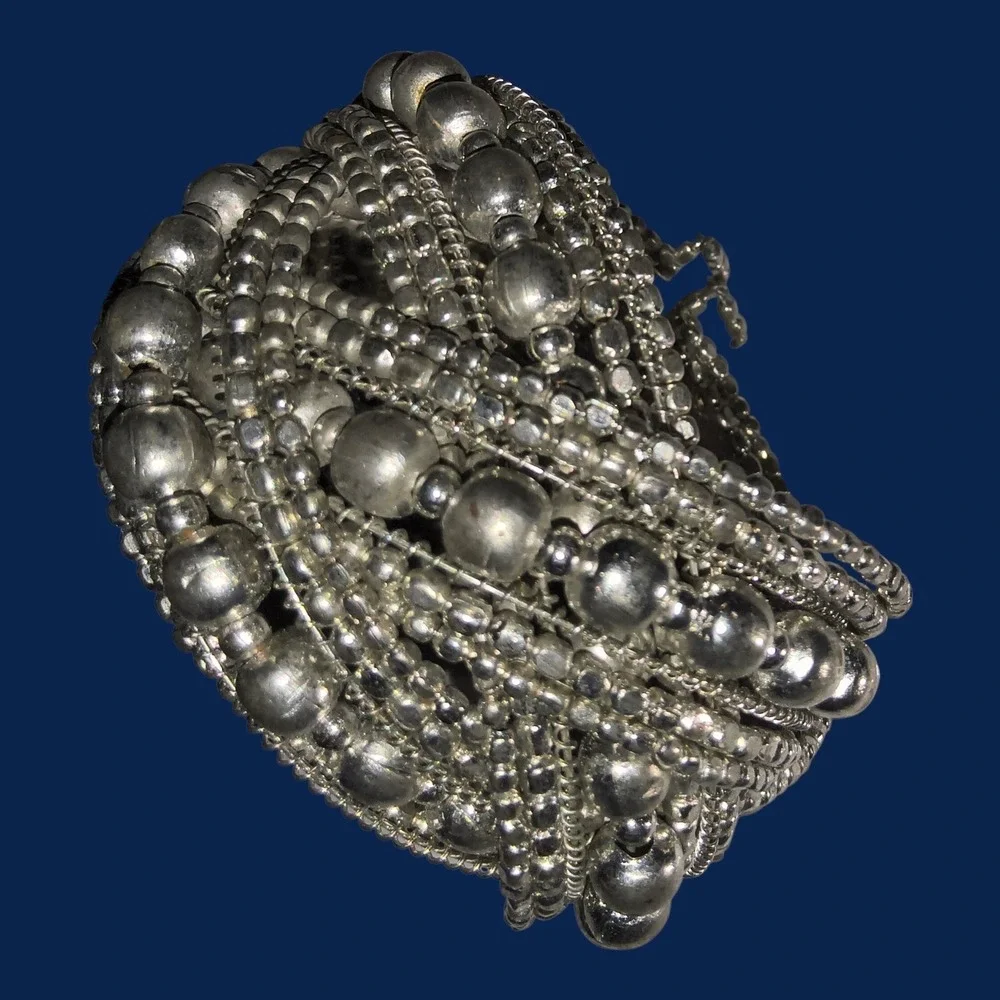 Silver Tone Boho Multi Strand Beaded Cuff Bracelet Wide Statement - Picture 2 of 8